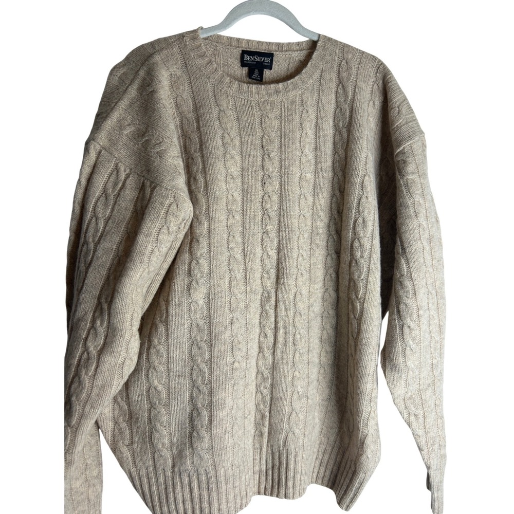 Ben Silver Charleston London Mens XL Wool Cable Knit Sweater Oatmeal Beige Crew